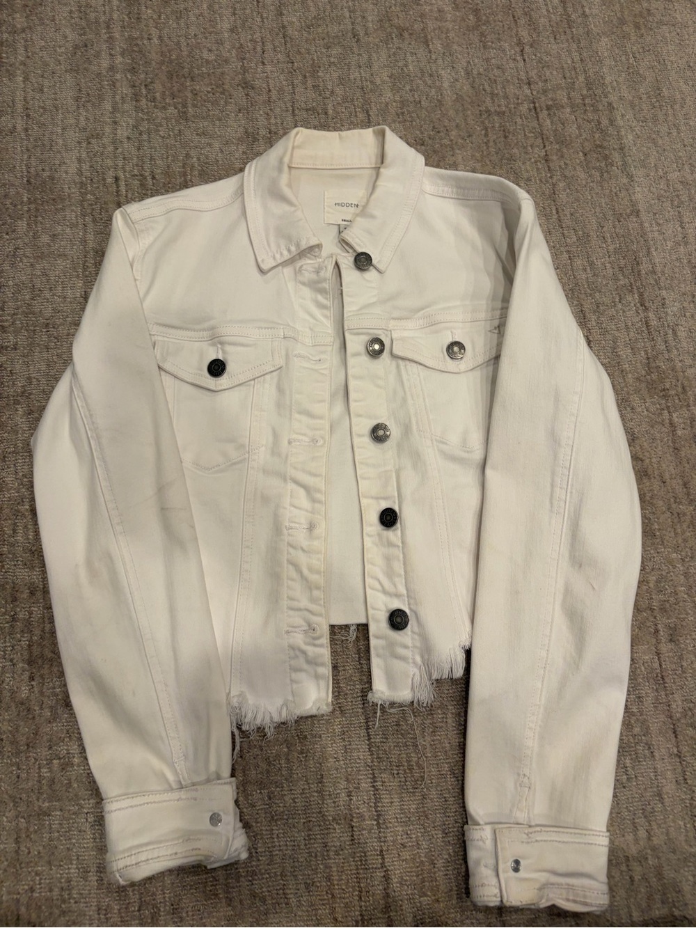 White Cropped Denim Jacket with Frayed Hem - Women